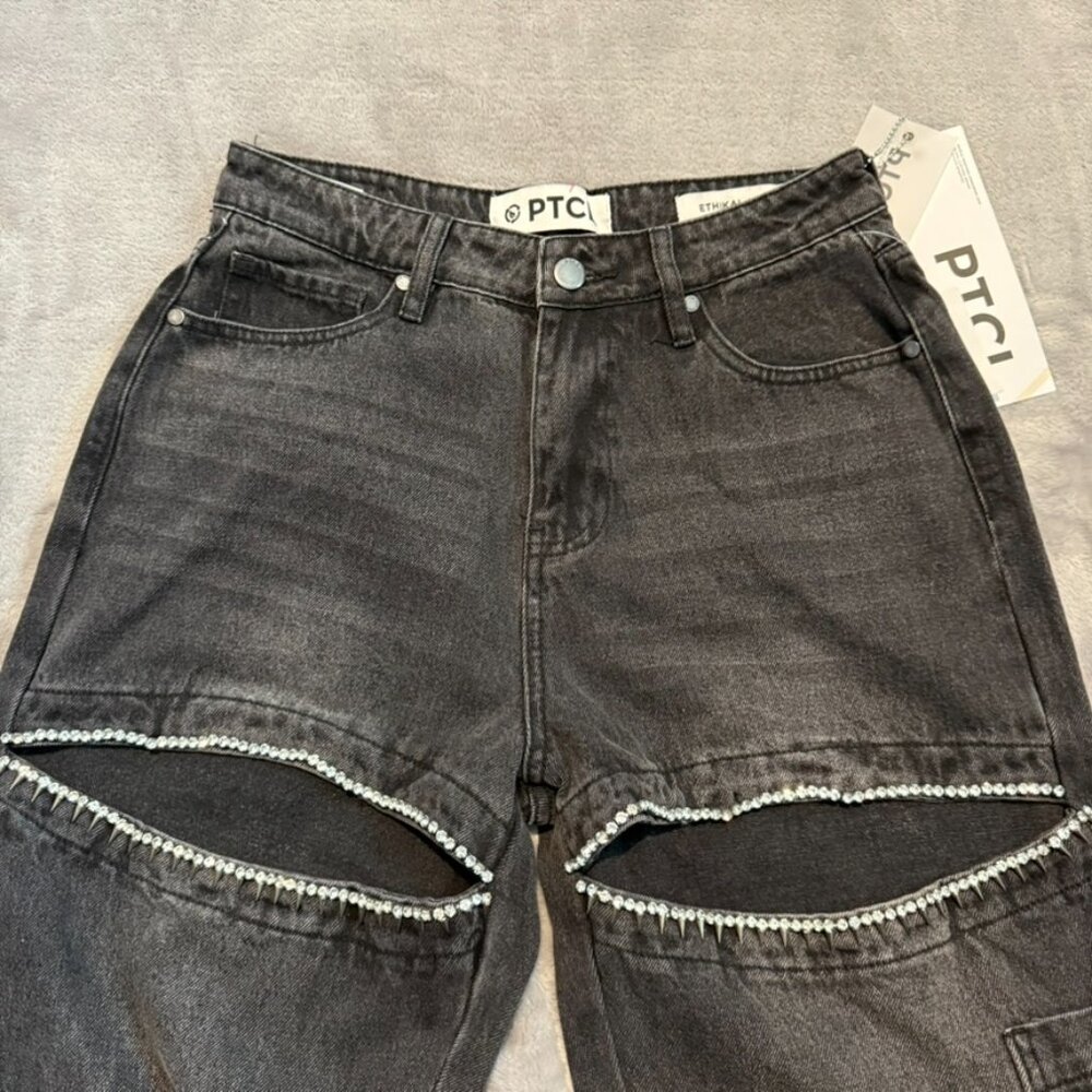 PTCL Black Rhinestone Cutout Jeans NWT High Rise Straight Leg Size 28 - Picture 4 of 13